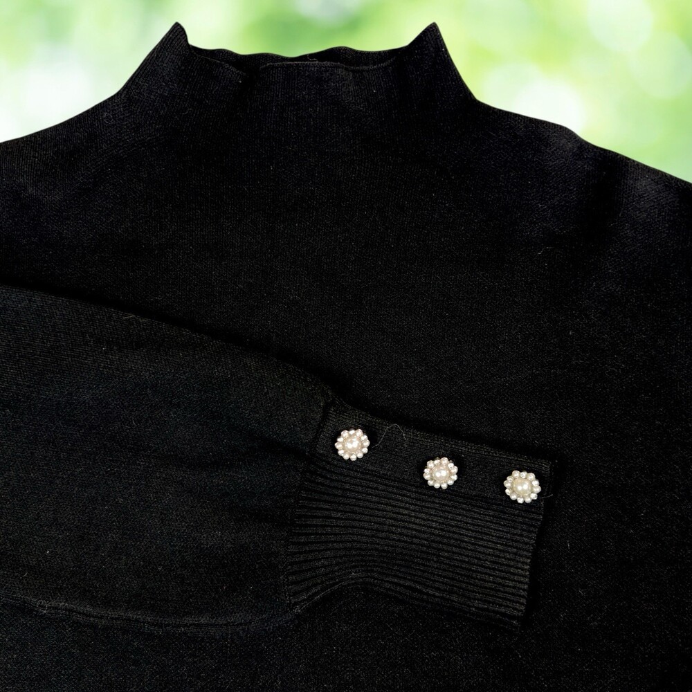TAHARI Sweater Pearl Rhinestone Cuffs Black Mock Neck Knit Pullover Womens XL